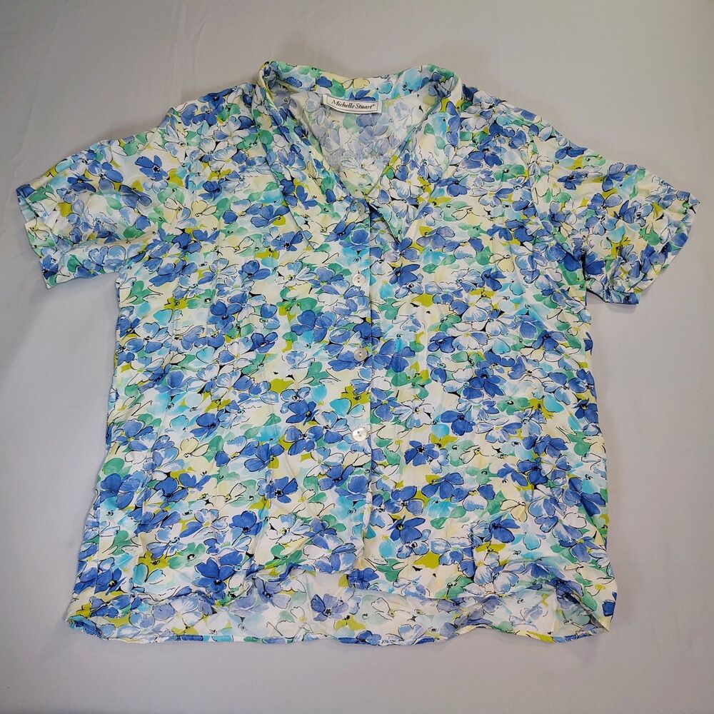 Michelle Stuart Blue Green Floral Button Up Short Sleeve Top Sz M